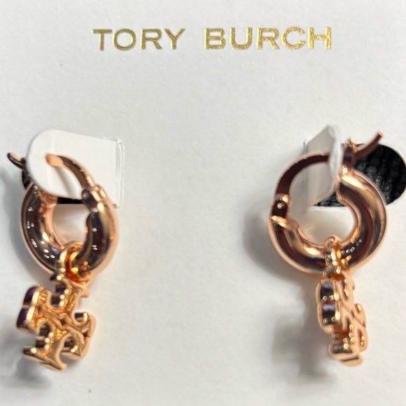 TORY BURCH ROSE GOLD KIRA LOGO HUGGIE HOOP EARRINGS - Picture 10 of 10
